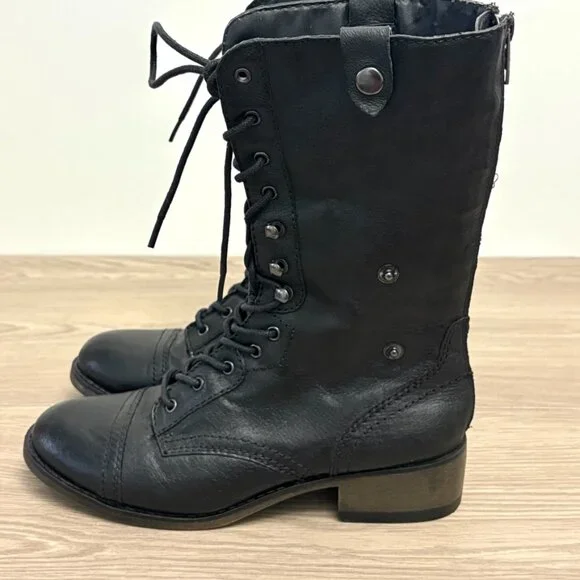 Steve Madden Leather Lace Up Combat Boots Black Foldover Aztec Print 7.5M - Picture 1 of 8